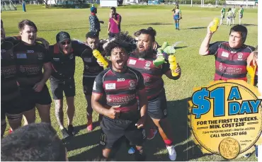  ?? Picture: BRENDAN RADKE ?? FIRST TEAM IN: JCU's Bradley Manoi leads the team song after they qualified for the FNQ Rugby grand final with their 32-12 win against Southside at Stan Williams Park.