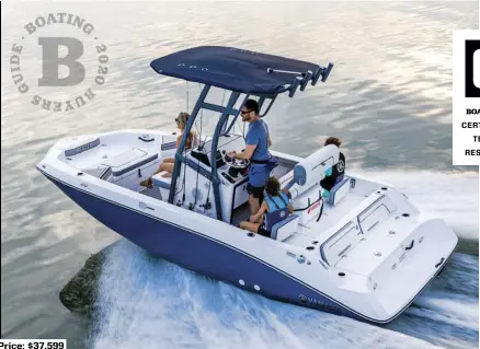  ??  ?? SPECS: LOA: 19'5" BEAM: 8'2" DRAFT (MAX): 1'4" DRY WEIGHT: 2,615 lb. SEAT/WEIGHT CAPACITY: 8/1,650 lb. FUEL CAPACITY: 40 gal.
HOW WE TESTED: ENGINE: Single 1.8-liter, Super Vortex High Output DRIVE/IMPELLER: Water jet pump/3-blade stainless steel GEAR RATIO: 1:1 FUEL LOAD: 25 gal. CREW WEIGHT: 450 lb. Price: $37,599