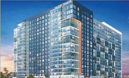  ?? SWENSON ?? Constructi­on of a new residentia­l tower in San Jose, named The Graduate, is expected to be completed by 2020. The project will include 260units containing 1,039beds and feature amenities such as a swimming pool.