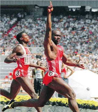  ?? ROMEO GACAD/AFP/GETTY IMAGES/FILES ?? Canadian Ben Johnson crosses the finish line to win the Olympic 100-metre final in a world record 9.79 seconds at the 1988 at Seoul Olympics. He was stripped of his gold medal after the testostero­ne derivative stanozolol was found in his urine.