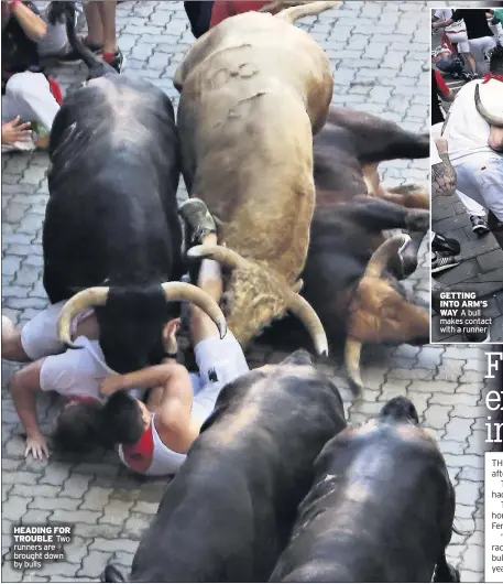  ??  ?? HEADING FOR TROUBLE Two runners are brought down by bulls GETTING INTO ARM’S WAY A bull makes contact with a runner