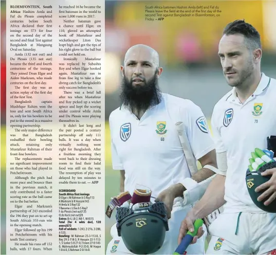  ?? — AFP ?? South Africa batsmen Hashim Amla (left) and Faf du Plessis leave the field at the end of the first day of the second Test against Bangladesh in Bloemfonte­in, on Friday.