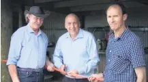  ??  ?? Milestone moment . . . Central Otago Mayor Tim Cadogan is flanked by OmakauEarn­scleugh Collie Club life members Bill Hinchey (left) and Richard Parsons as he opens the club’s new headquarte­rs on Earnscleug­h Station.