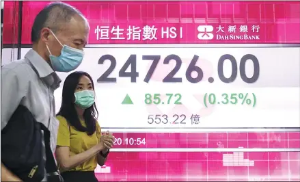  ??  ?? People wearing face masks walk past a bank’s electronic board showing the Hong Kong share index in Hong Kong, on Sept 15. Asian stocks were mixed
Tuesday after Wall Street rose on a flurry of corporate deals and China’s economic activity improved. (AP)