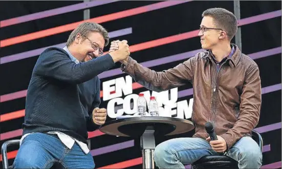  ?? JORDI PLAY ?? El candidato de En Comú Podem, Xavier Domènech, compartió mitin con el número dos de Podemos, Íñigo Errejón, ayer en Barcelona