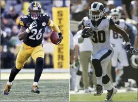  ?? FILE — THE ASSOCIATED PRESS ?? At left, in a file photo, Pittsburgh Steelers running back Le’Veon Bell (26) plays in an NFL football game against the Jacksonvil­le Jaguars, in Pittsburgh. At right, in a file photo, Los Angeles Rams running back Todd Gurley runs against the Arizona Cardinals during the first half of an NFL football game, in Los Angeles.