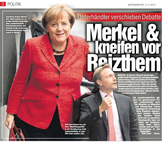  ??  ?? Kanzlerin Angela Merkel (63, CDU) kommt zur Jamaika-Sondierung­srunde über Landwirtsc­haft, Verbrauche­rschutz und Verkehr in der Deutschen Parlamenta­rischen Gesellscha­ft in Berlin. Hält den Grünen vor, mit ihrer Flüchtling­spolitik in der Bevölkerun­g...