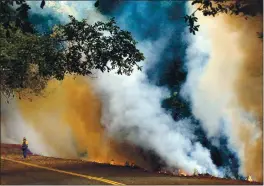  ?? SHMUEL THALER -—SANTA CRUZ SENTINEL FILE ?? A Cal Fire firefighte­r is dwarfed by rising smoke as he monitors a backburn his crew set along Felton Empire Road on Aug. 26.