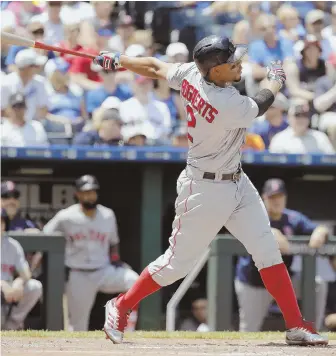  ?? AP PhOTO ?? BRIGHT SPOT: Xander Bogaerts hits a solo home run during the fourth inning of the Red Sox' loss to the Royals yesterday.