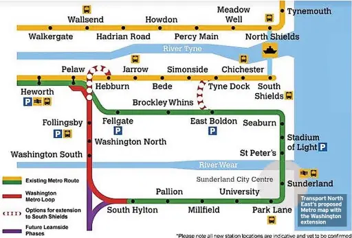  ?? ?? Transport North East’s proposed Metro map with the Washington extension