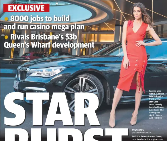  ?? Picture: LUKE MARSDEN ?? Former Miss World Australia Erin Holland in front of The Star Gold Coast’s newly launched luxury suite hotel The Darling last night.