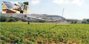  ??  ?? The solar powered centre pivot in use at a farm in Mazowe and (inset) a set of solar panels