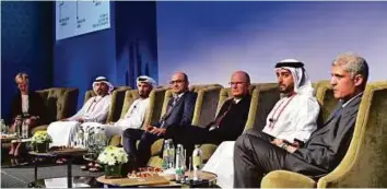  ?? Ahmed Kutty/Gulf News ?? Moderator Angie Slavenans, Managing Director Universal consulting (left), with panellists — Fahed Salem Al Wahedi, Capt Adil Al Maazmi, Brian Hait, Hassan Armaneh, Hamed Al Raisi and Youssef Bouslikhan­e during the Middle EastSulphu­r 2017 conference in...