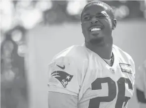  ?? GETTY FILE PHOTO ?? Sony Michel arrives at the field for Patriots training camp July 30 at Gillette Stadium in Foxborough, Mass.