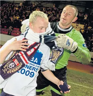  ??  ?? Left: Leigh Griffiths celebrates after scoring for Celtic at Motherwell in August; above: Dundee keeper Rab Douglas and the striker after winning the Challenge Cup at McDiarmid Park in 2009; below: The former teammates share a joke during a clash between Dundee and Hibs in 2012.