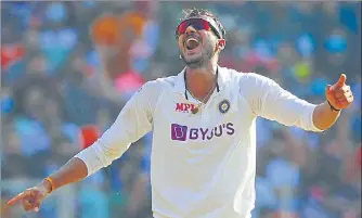  ??  ?? Axar Patel celebrates his second successive five-wicket haul in Tests, in Motera on Wednesday.
