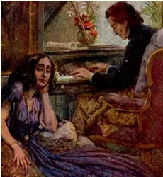  ??  ?? George Sand listening to Chopin play the piano ( Adolf Karpellus, private collection)