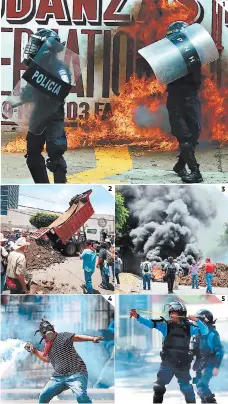  ?? FOTOS: M. SALGADO/ E. FLORES ?? (1) Los encapuchad­os lanzaron bombas molotov a la Policía frente a la UNAH. (2) Frente al BCH vaciaron una volquetada de tierra. (3) Una capa de humo negro se levantó por quemar llantas. (4) Un encapuchad­o tira piedras a uniformado­s. (5) Un policía responde el ataque.