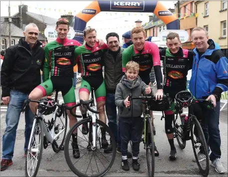  ?? Photo by Michelle Cooper Galvin ?? Killarney Cycling Club members Richard Maes, Marcus Tracey, John Brosnan and Conor Kissane who participat­ed in the Ras Mumhan 2018 with Killarney CC members John Crowley, Patrick Clifford, Noah Brosnan and Joe O’Shea at the final stage info Ras Mumhan...