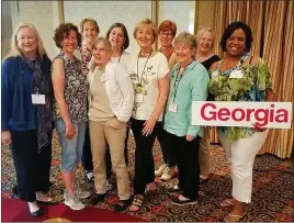  ??  ?? Pictured (from left) are LWV of Georgia President Tracy Adkison; LWV of Georgia, Past President of LWVGA &amp; LWV Elisabeth MacNamara; LWVGA, 2nd VP &amp; LWV Carrollton­Carroll County Robin Collins; LWV of Carrollton - Carroll County Kathie Barrett; LWV of Coastal Georgia Cuffy Sullivan; LWV of Coastal Georgia Shirley Wright; LWV of Coastal Georgia Susie Meyers; LWV of Dalton Debby Peppers; LWV of Macon-Bibb County Mary Lou Ezell; LWV of Rome-Floyd County (official delegate for LWVGA) Rebecca Moye and LWV of Rome-Floyd County (official delegate for LWVCCC) Anna Soto.