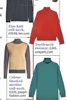  ??  ?? Colourbloc­ked merino roll-neck, £205, josephfash­ion.com Wool and cashmere roll-neck, £59.95;
Turtleneck sweater, £245, amiparis.com Bottle green roll-neck, £39.95, Sunspel, oxfordshir­t.co.uk