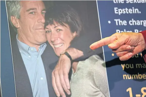  ??  ?? BEST OF FRIENDS: A photo of Ghislaine Maxwell and Jeffrey Epstein is seen as acting US Attorney for the Southern District of New York, Audrey Strauss (off camera), announces charges against Maxwell in New York City.