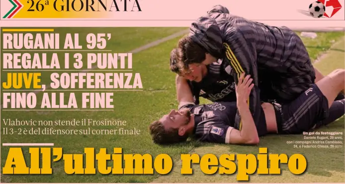  ?? GETTY ?? Un gol da festeggiar­e Daniele Rugani, 29 anni, con i compagni Andrea Cambiaso, 24, e Federico Chiesa, 26