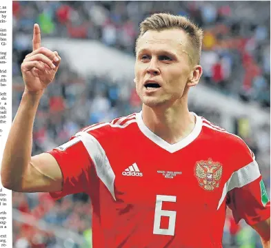  ?? Picture: GRIGORY DUKOR/REUTERS ?? IN FINE FORM: Russia’s Denis Cheryshev celebrates scoring their fourth goal