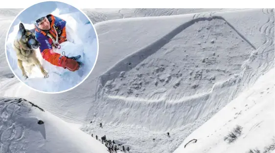  ?? BILDER: SN/APA, DPA ?? Ein Schneebret­t rauscht nach unten (großes Bild). Mit Lawinenhun­den sucht die Bergrettun­g nach Verschütte­ten.