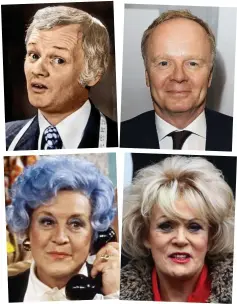  ??  ?? Then and now: John Inman as Mr Humphries and Jason Watkins, and Mollie Sugden as Mrs Slocombe and Sherrie Hewson