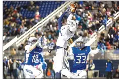  ?? Special to NWA Democrat-Gazette/DAVID BEACH ?? Bentonvill­e West’s Jadon Jackson (1) pulls down a touchdown catch as Rogers High’s Jacob Taylor (33) and Andrew McGlynn defend Friday at Whitey Smith Stadium in Rogers.