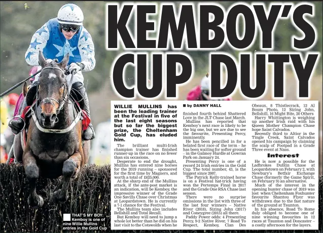  ??  ?? THAT’S MY BOY: Kemboy is one of nine Willie Mullins entries in the Gold Cup