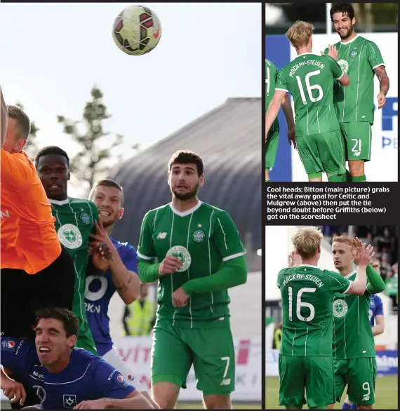  ??  ?? Cool heads: Bitton (main picture) grabs the vital away goal for Celtic and Mulgrew (above) then put the tie beyond doubt before Griffiths (below) got on the scoresheet