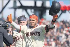  ?? ?? MAN OF THE HOUR: Giants second baseman Thairo Estrada celebrates after a walkoff win against the Padres at Oracle Park.