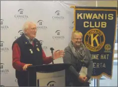  ?? NEWS PHOTO JEREMY APPEL ?? Ken Sauer and Leann Webb of the Medicine Hat Kiwanis Club announce on Tuesday the Military Tattoo show coming to the Canalta Centre on May 5.