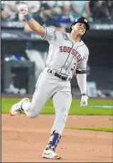  ?? Stephen Brashear The Associated Press ?? Astros rookie Jeremy Pena exults while rounding the bases after hitting an 18th-inning home run Saturday in Houston’s series-clinching 1-0 win over the Mariners at T-mobile Park.