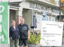  ?? PHOTO: RICHARD DAVISON ?? Long time coming . . . Beaumont Hotel proprietor­s Alison Mills and Gunni Egilsson say they plan to remain in business now a licensing hearing seems likely to be cancelled. Inset: The notificati­on from police opposing the licence applicatio­n, dated July 7, 2020.