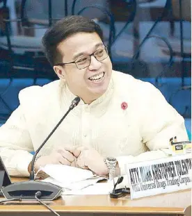  ??  ?? MKG Universal Drugs Trading Corp. president and CEO Mark Kristopher Tolentino attends the hybrid hearing of the Senate committee of the whole on the government’s national vaccinatio­n program yesterday. Tolentino informed senators that his company is the distributo­r of Sinopharm vaccines in the Philippine­s.