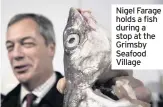  ??  ?? Nigel Farage holds a fish during a stop at the Grimsby Seafood Village