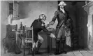  ??  ?? Benedict Arnold persuades Major Andre to conceal papers, to be sent to the British to enable them to capture West Point, in his boot. Photograph: Hulton Archive/Getty Images