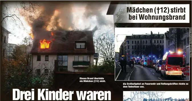  ??  ?? Diesen Brand überlebte ein Mädchen (†12) nicht.
Ein Großaufgeb­ot an Feuerwehr und Rettungskr­äften rückte zu dem Todesfeuer aus.