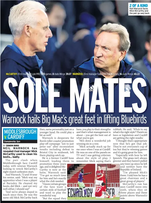  ?? Clubs Win pc ?? McCARTHY: (First manager’s job 1992) 993 games, 8 1,524 games, 16 2 OF A KIND Neil Warnock faces Mick McCarthy and the pair go way back