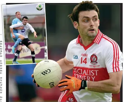  ??  ?? DorBlE goBBing: Eoin Bradley in action for Derry EmainF and EinsetF playing soccer for ColeraineI may have a tough decision to make on his future career