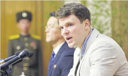  ?? REUTERS/KYODO ?? Otto Warmbier, a University of Virginia student who was detained in North Korea, attends a news conference in Pyongyang on Feb 29, 2016.