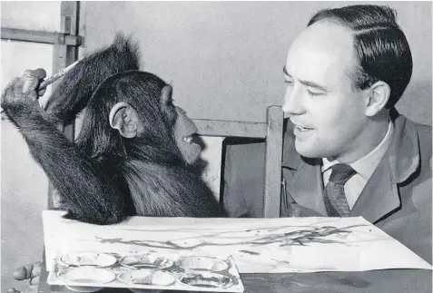  ??  ?? Leonardo of the ape world: Desmond Morris and Congo in 1957, above; and 7th Painting Session 13 June 1957, right