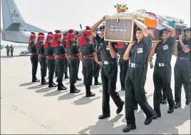  ??  ?? Soldiers carry the coffin of slain soldier Dipak Maity in New Delhi on Sunday. Maity and another soldier, Manivannan G, were killed in a militant attack on an army convoy on the JammuSrina­gar national highway on Saturday. Army chief Bipin Rawat paid...