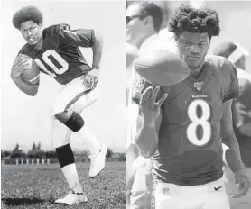  ?? AP ?? Former Oakland Raiders quarterbac­k Eldridge Dickey, left, and Ravens quarterbac­k Lamar Jackson.