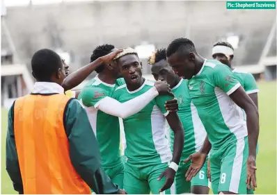  ?? Pic: Shepherd Tozvireva ?? Caps United players celebrate Blessing Sarupinda’s winning goal against Herentals to top Group 1 with five points at the National Sports Stadium in Harare yesterday