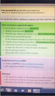  ??  ?? A picture of the ransomware note that Hospice received yesterday. The organisati­on said they would not pay the money demanded by the hackers.