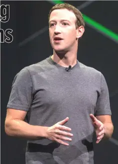  ?? — WP-Bloomberg photo ?? Zuckerberg, chief executive officer and founder of Facebook Inc., speaks in San Jose, California, on Wednesday, Oct 11, 2017.